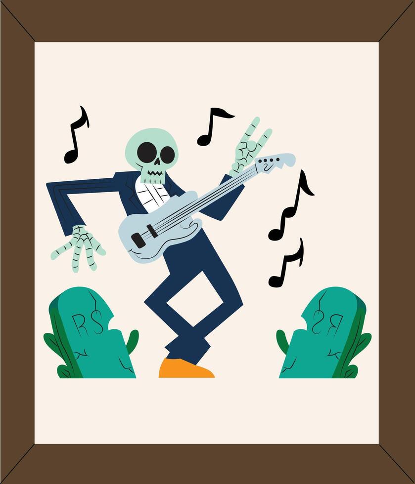 A cartoon skeleton playing guitar with music notes vector