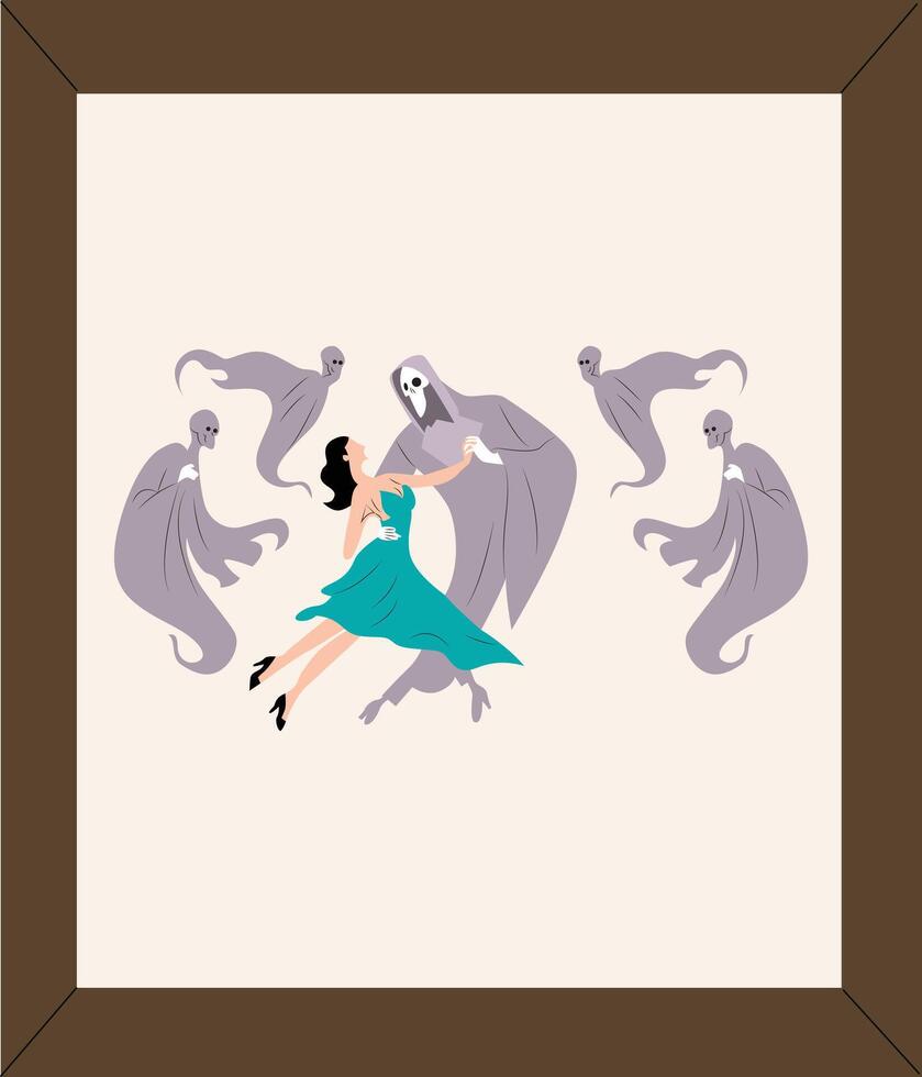A woman in a blue dress is flying through the air with ghostly figures vector