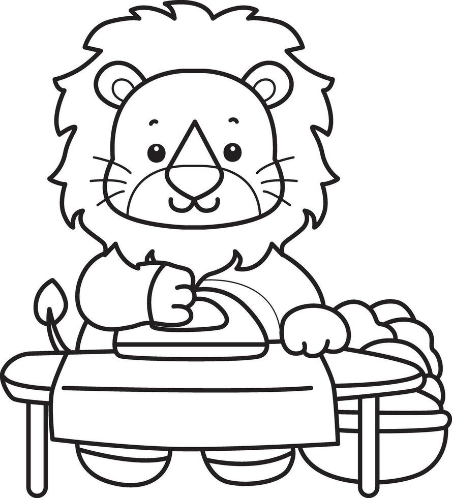 Outline of lion ironing the clothes. vector