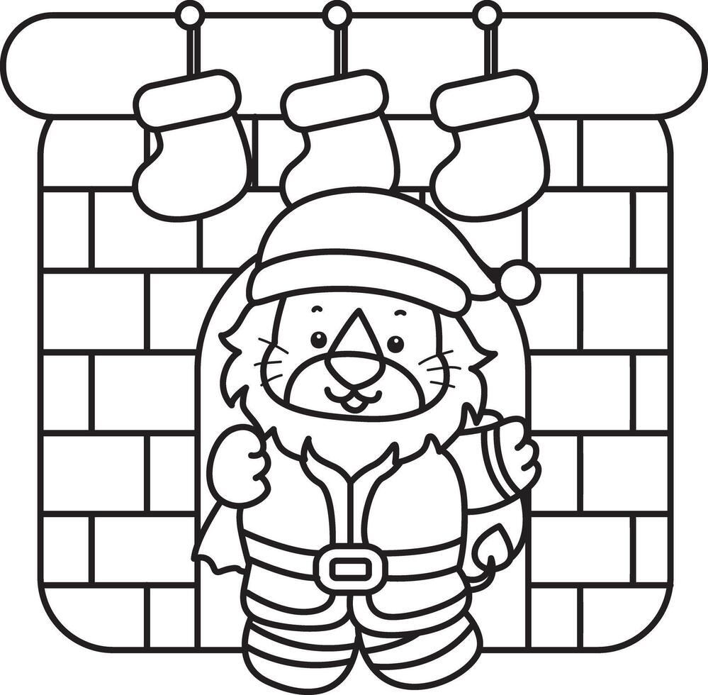 Outline of santa lion arrive in the fire place. Coloring pages of cute lion. vector