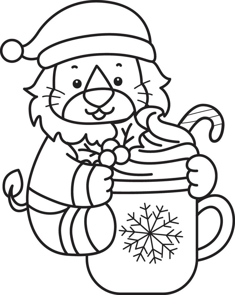 Outline of santa lion with hot chocolate.Coloring pages of cute lion. vector