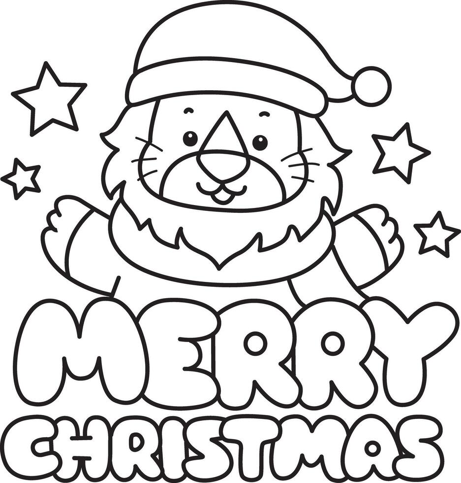 Outline of santa lion with merry christmas text. Coloring pages of cute lion. vector