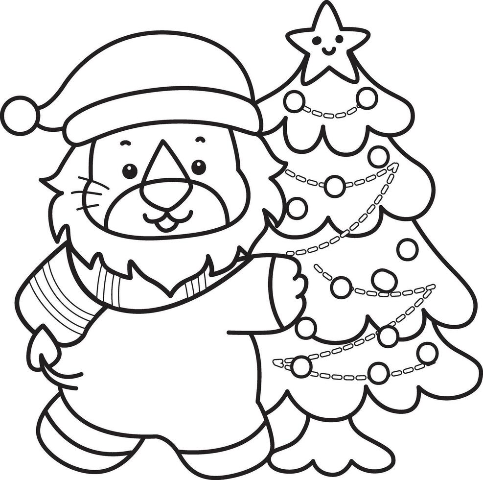 Outline of santa lion with christmas tree. Coloring pages of cute lion. vector
