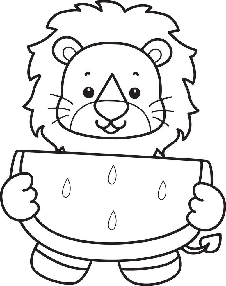 Outline of lion bring a watermelon. Coloring pages of cute lion. vector
