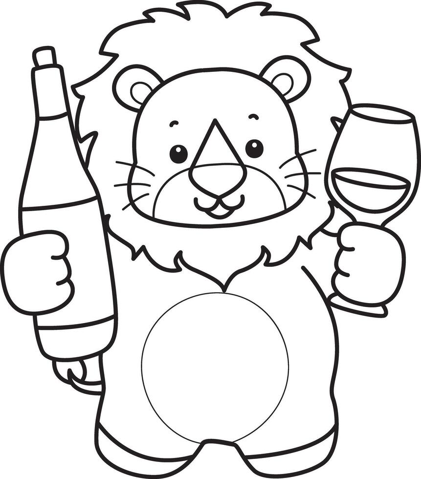 Outline of lon bring a wine. Coloring pages of cute lion. vector
