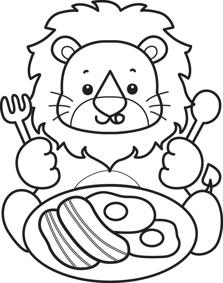 Outline of lion with bacon and eggs. Coloring pages of cute lion. vector