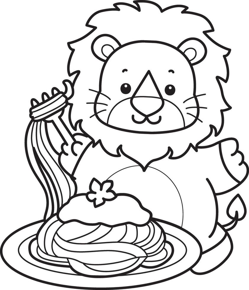 Outline of lion want to eating spaghetti. Coloring pages of cute lion. vector