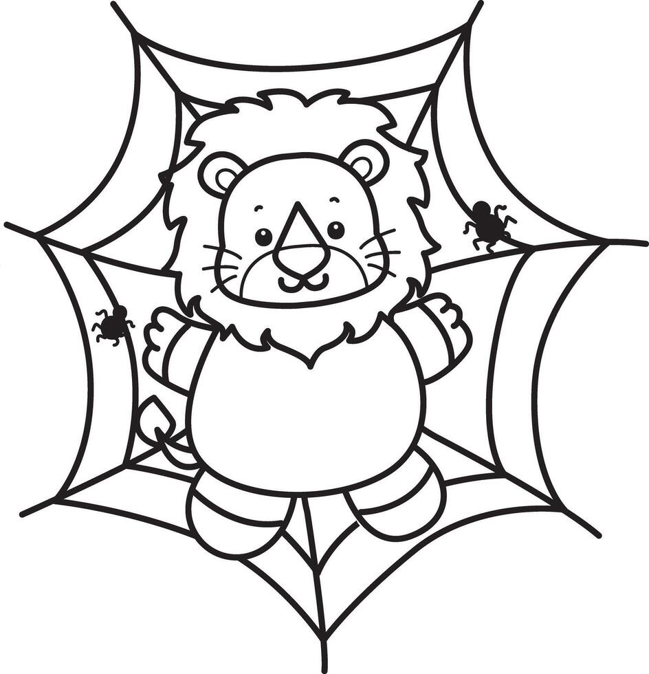 Outline of lion stuck in the spider web. Coloring pages of cute lion. vector