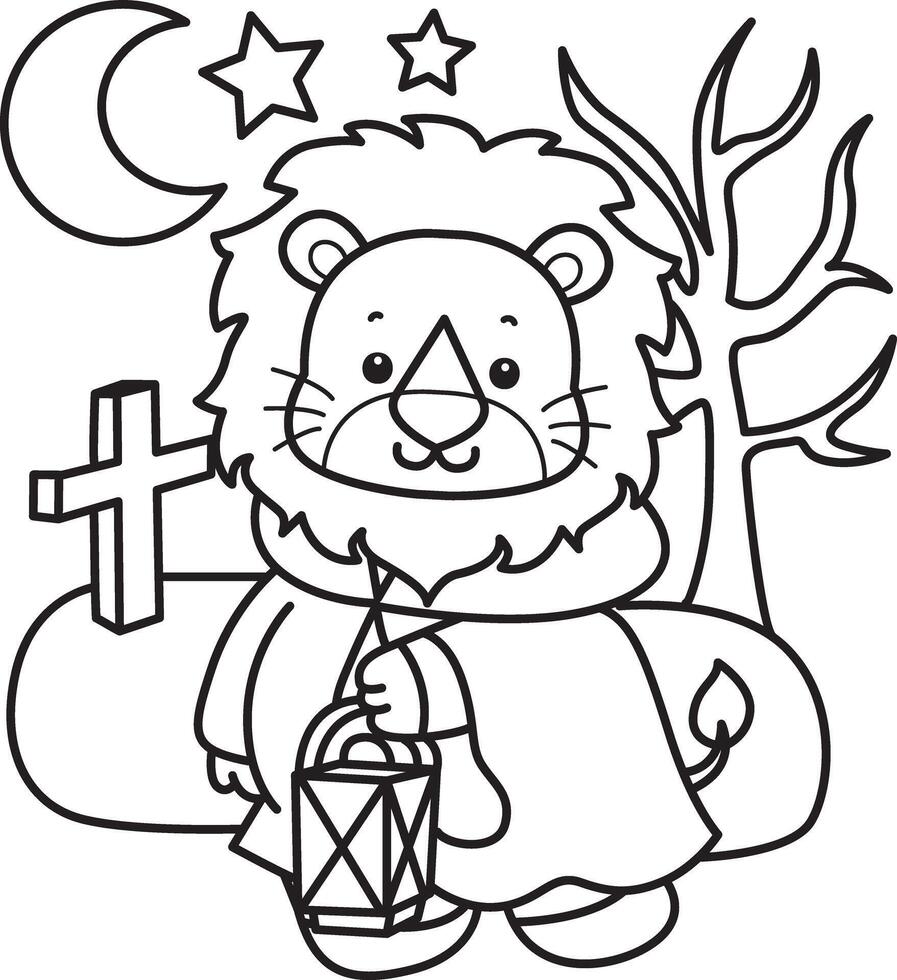 Outline of lion with hoodie walking in the grave. Coloring pages of cute lion. vector