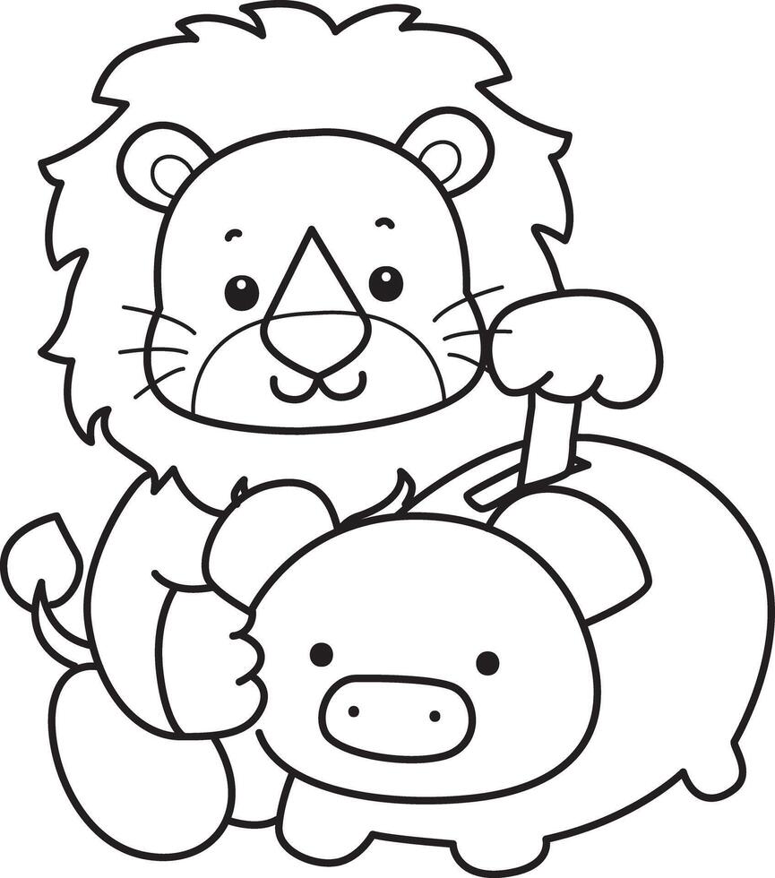 Outline of lion savings money in the piggy bank. Coloring pages of cute lion. vector