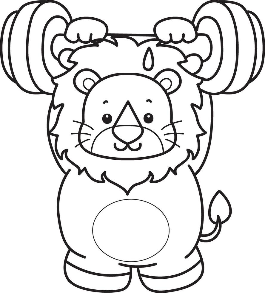 Outline of lion lifting a dumbbell.Coloring pages of cute lion. vector