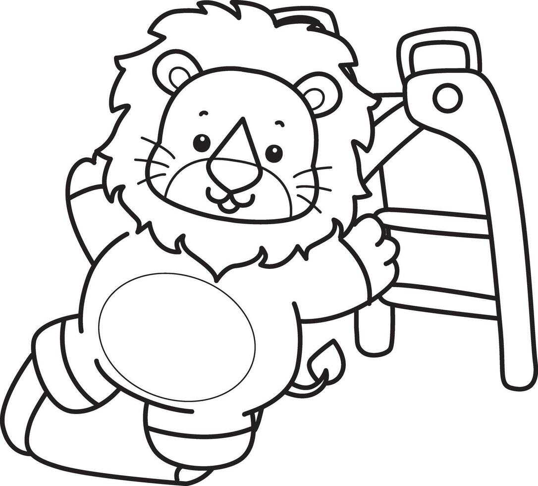 Outline of lion sliding in the playground. Coloring pages of cute lion. vector