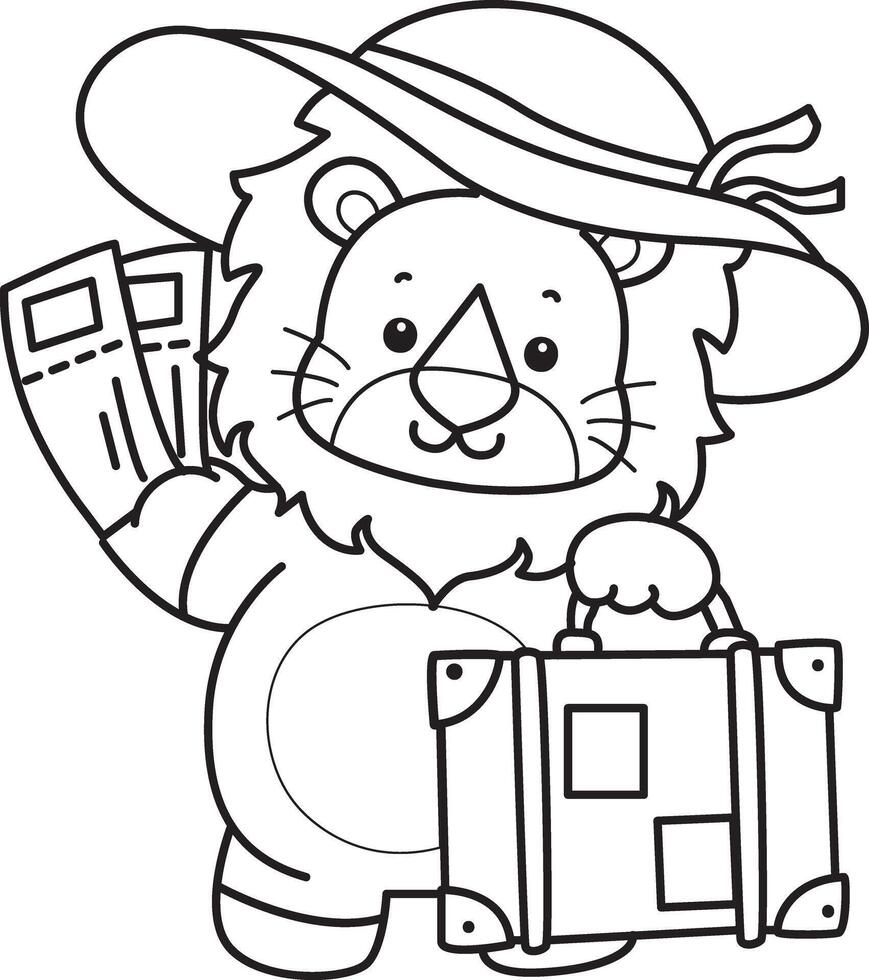 Outline of lion bring a travelling bag. Coloring pages of cute lion. vector
