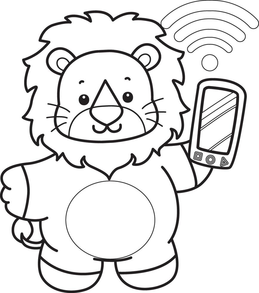 Outline of lion bring a phone. Coloring pages of cute lion. vector
