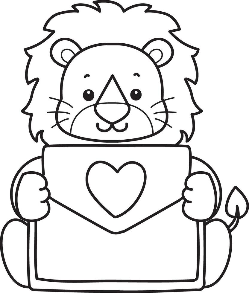 Outline of lion bring a love letter. Coloring pages of cute lion. vector