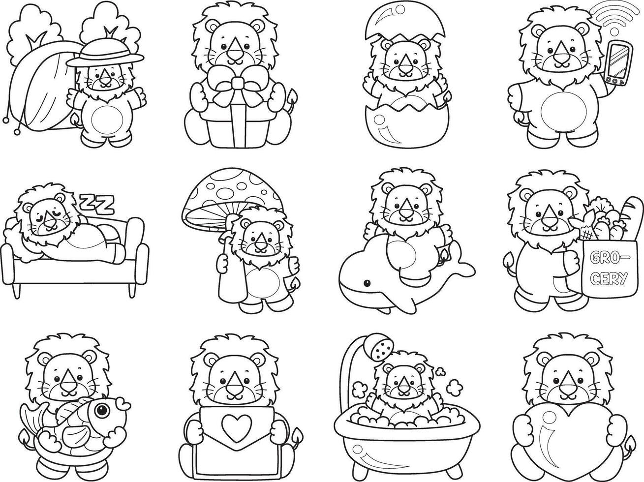 Outline of lion in the variation of daily life. Coloring pages of cute lion. vector