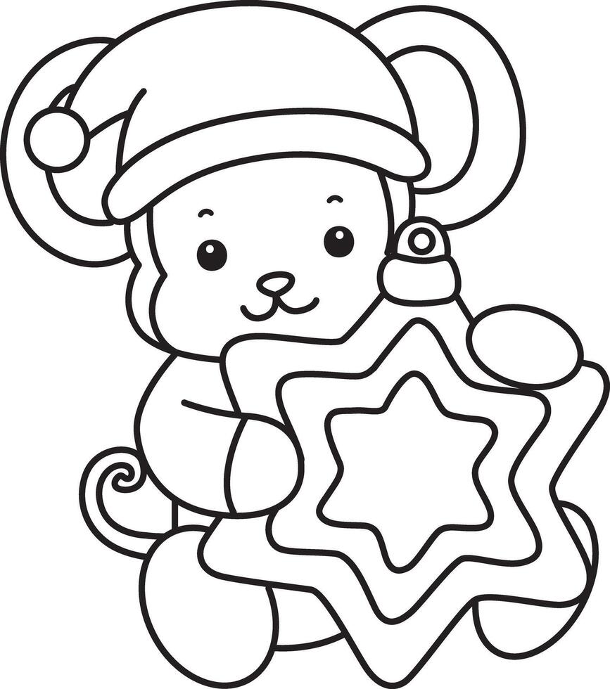Outline of santa monkey with yellow stars. Coloring pages of cute monkey. vector