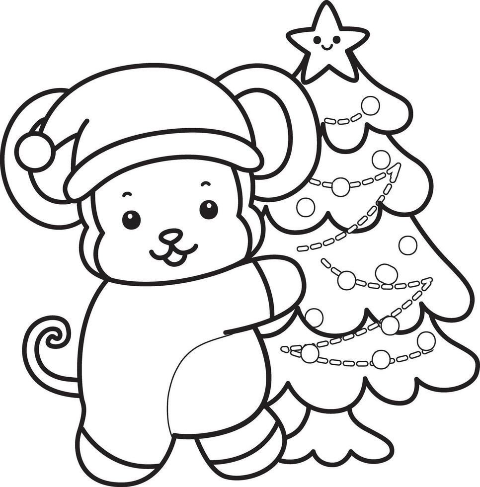 Outline of santa monkey bring a christmas tree. Coloring pages of cute monkey. vector