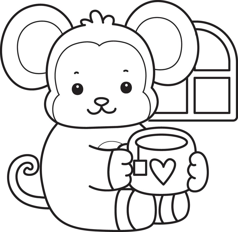 Outline of monkey bring a hot tea. Coloring pages of cute monkey. vector