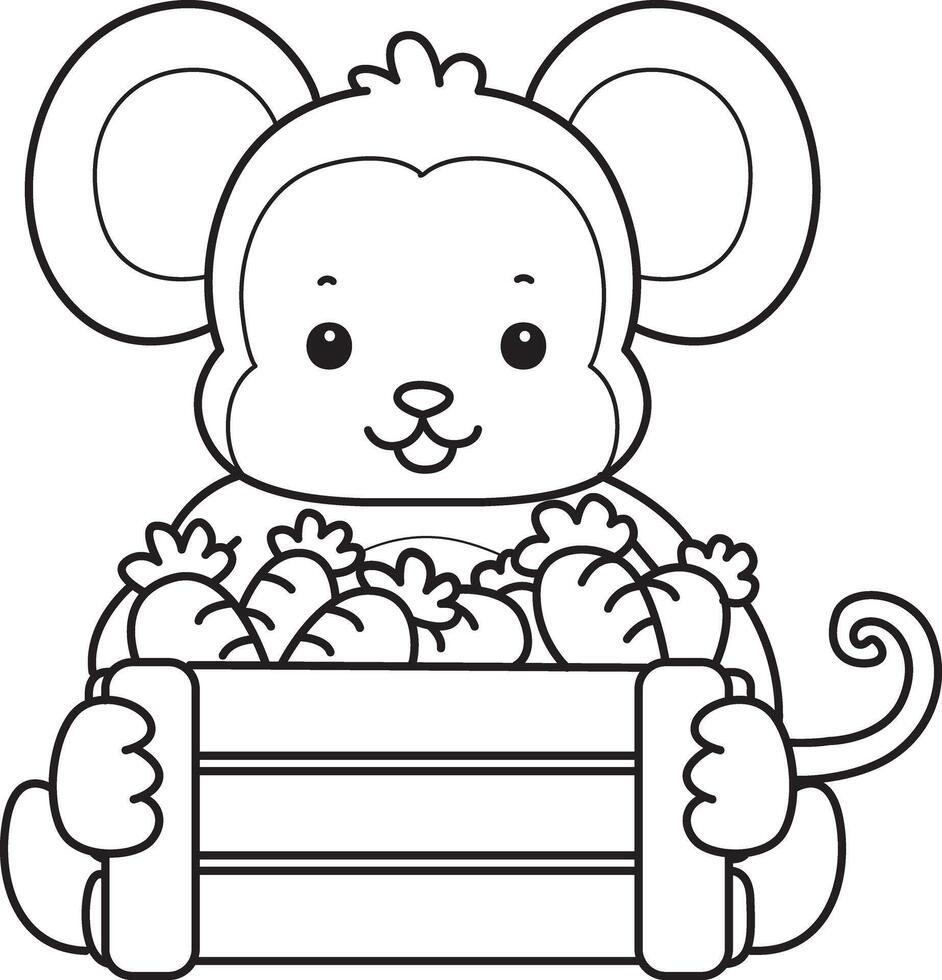 Outline of monkey bring a carrot. Coloring pages of cute monkey. vector