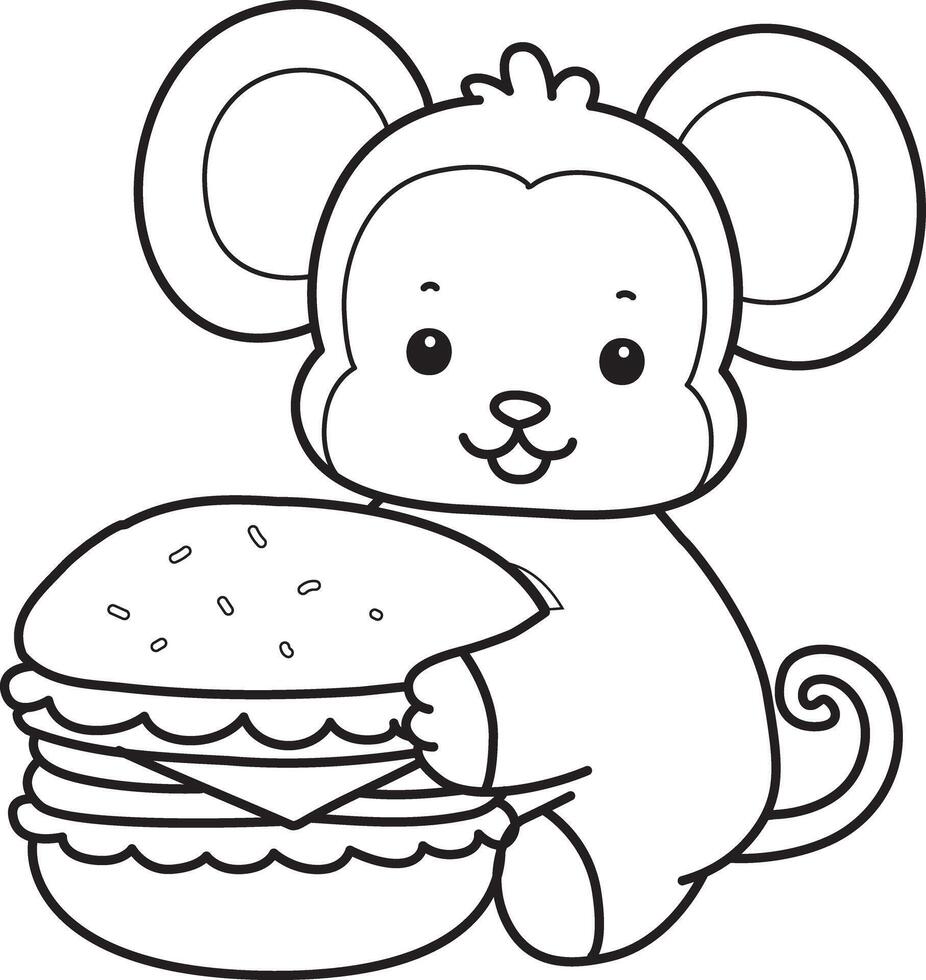 Outline of monkey bring a burger. Coloring pages of cute monkey. vector