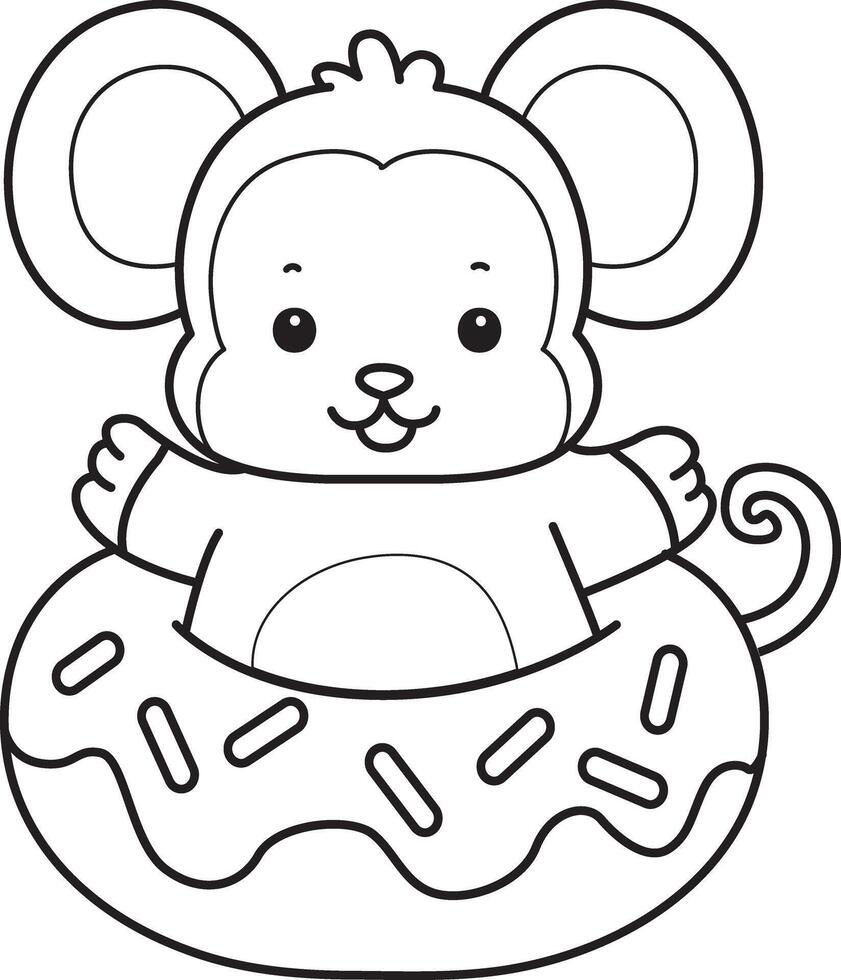 Outline of monkey stuck in the doughnut. Coloring pages of cute monkey. vector