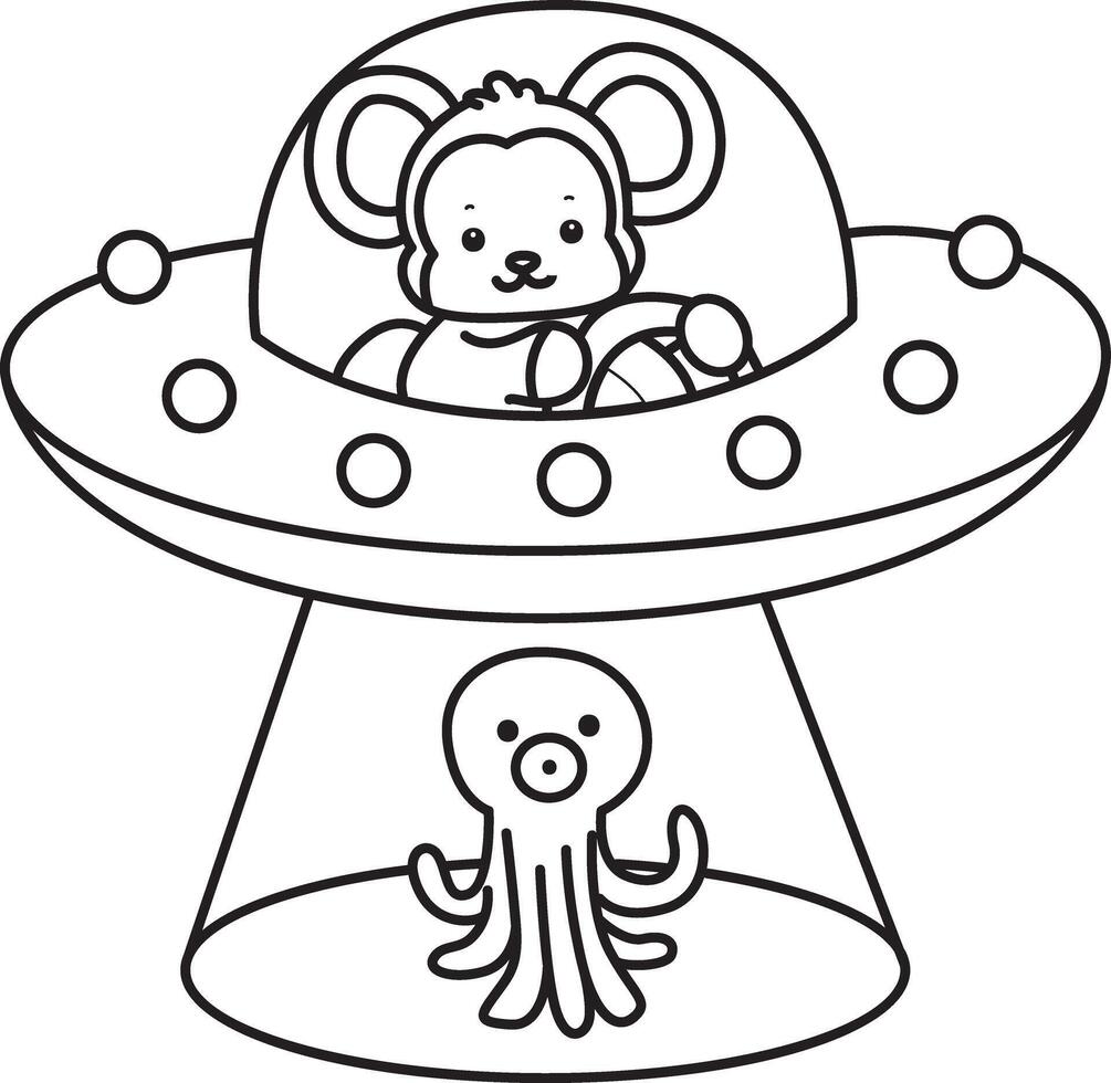 Outline of monkey riding a space ship. Coloring pages of cute monkey. vector