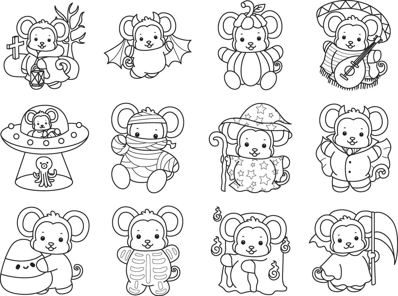 Outline of happy halloween by monkey. Coloring pages of cute monkey. vector