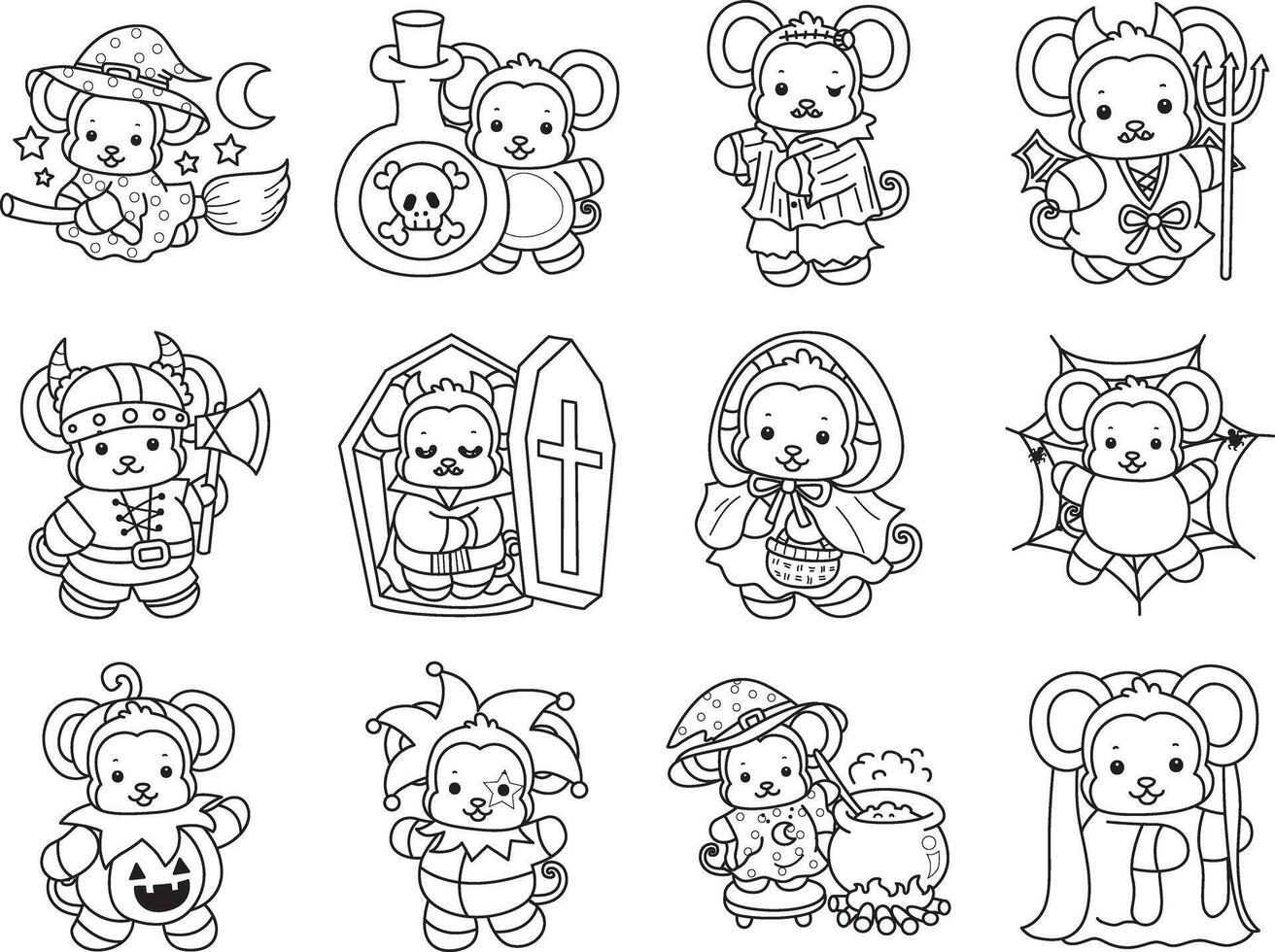 Outline of monkey in the variation of halloween party. Coloring pages of cute monkey. vector