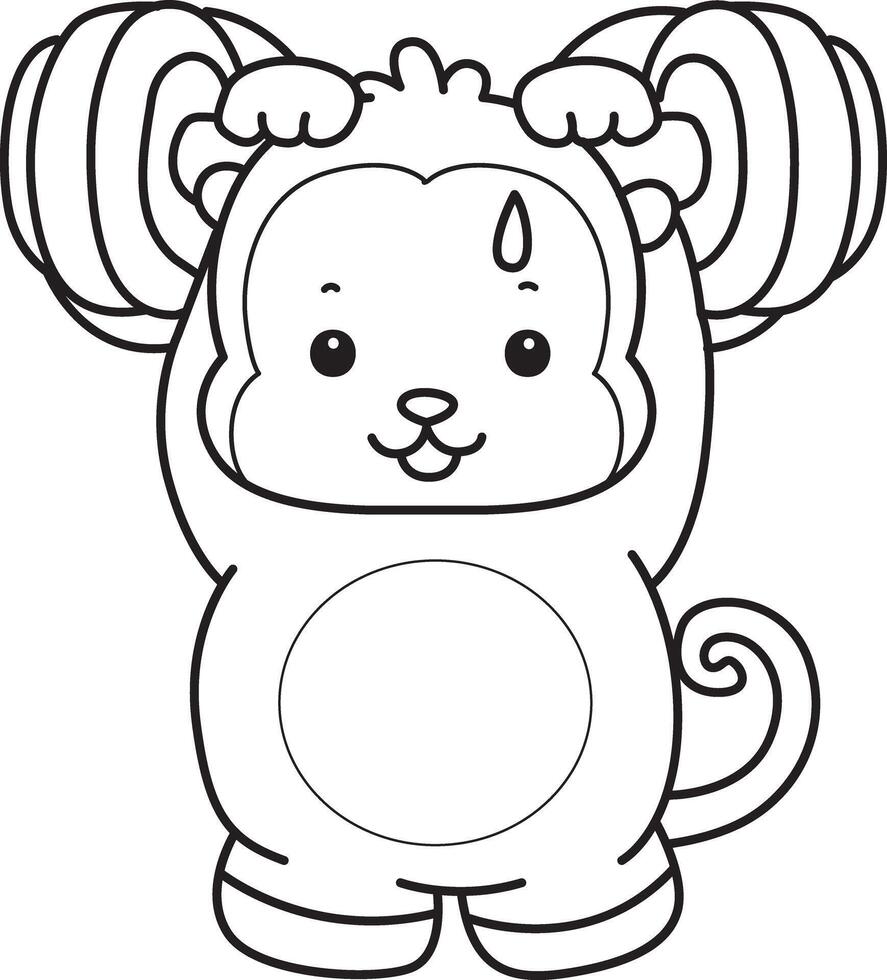 Outline of monkey lifting a dumbbell.Coloring pages of cute monkey.Coloring pages of cute monkey. vector