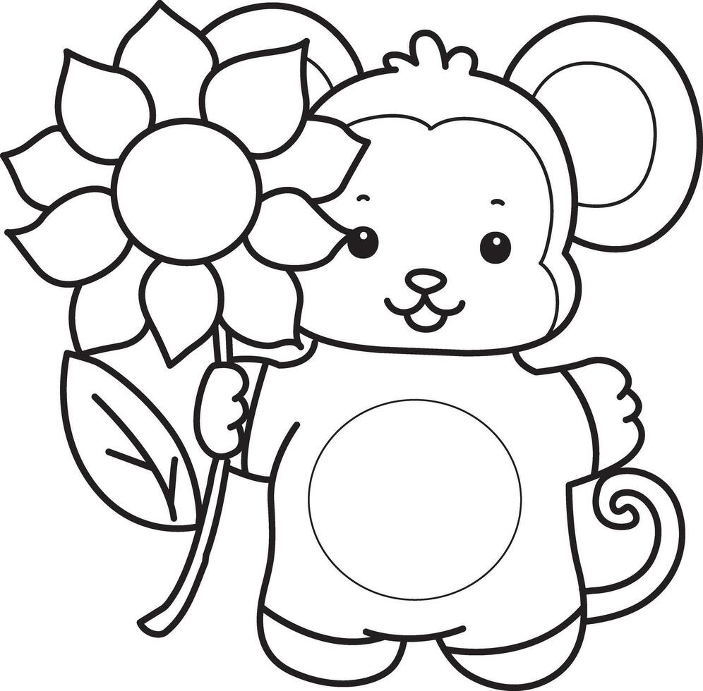 Outline of monkey bring a sun flower. Coloring pages of cute monkey. vector