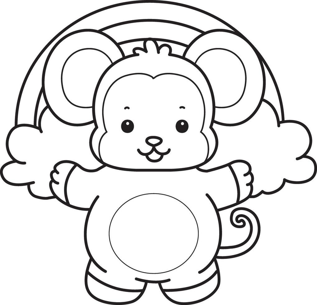 Outline of monkey in front of the rainbow. Coloring pages of cute monkey. vector