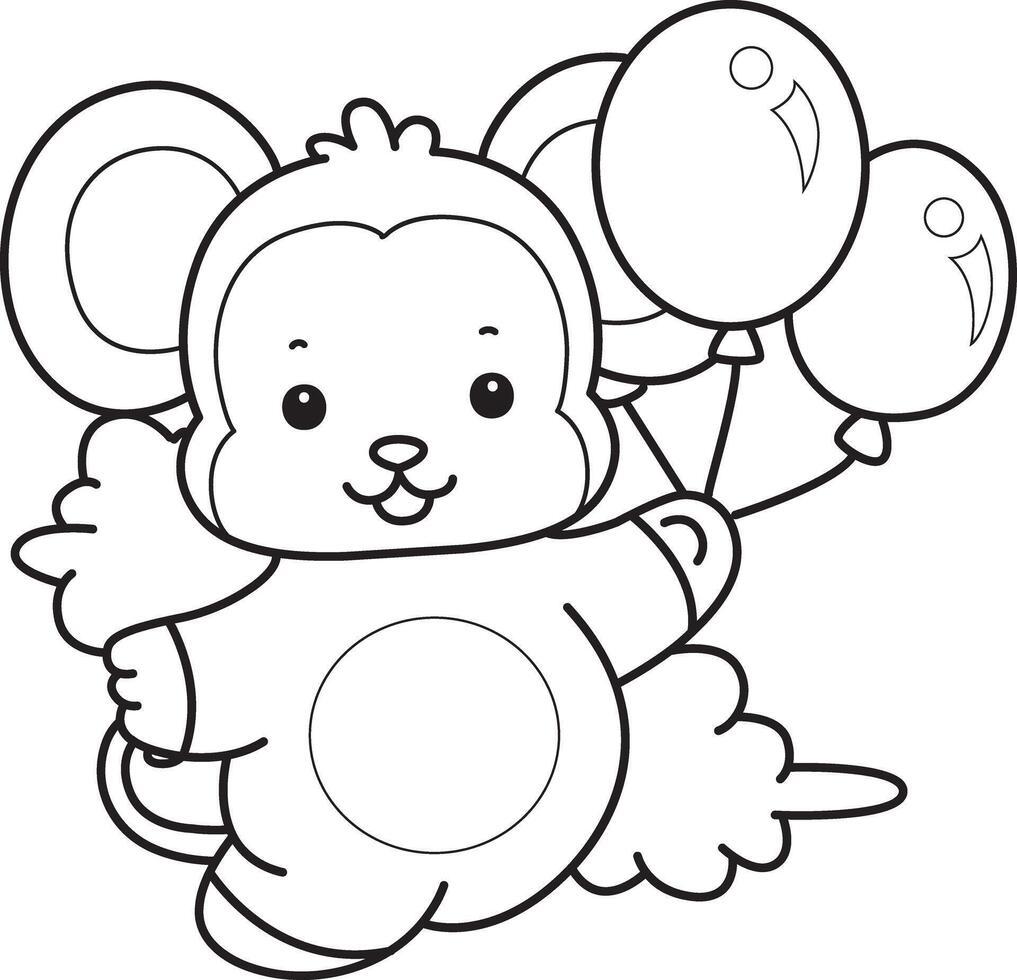 Outline of monkey bring a three of balloons. Coloring pages of cute monkey. vector