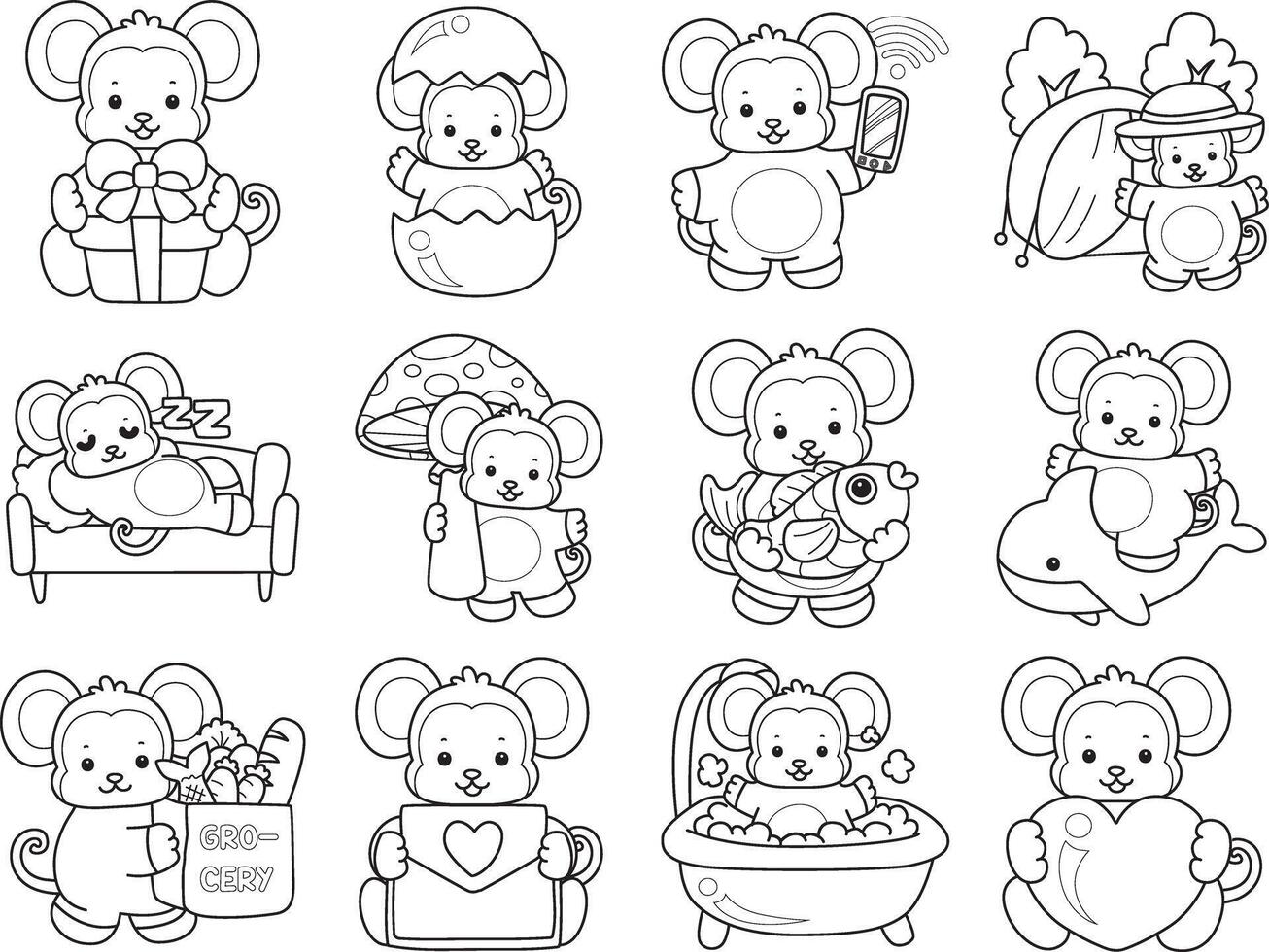 Outline of monkey in the variation of daily life. Coloring pages of cute monkey. vector