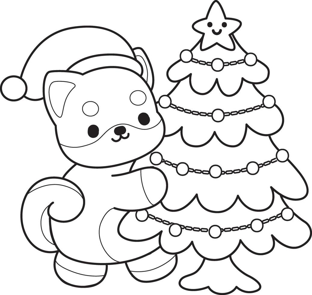 Outline of santa shiba inu with christmas tree. Coloring pages of cute shiba inu. vector