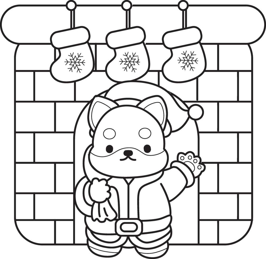 Outline of santa shiba inu arrive in the fire place. Coloring pages of cute shiba inu. vector