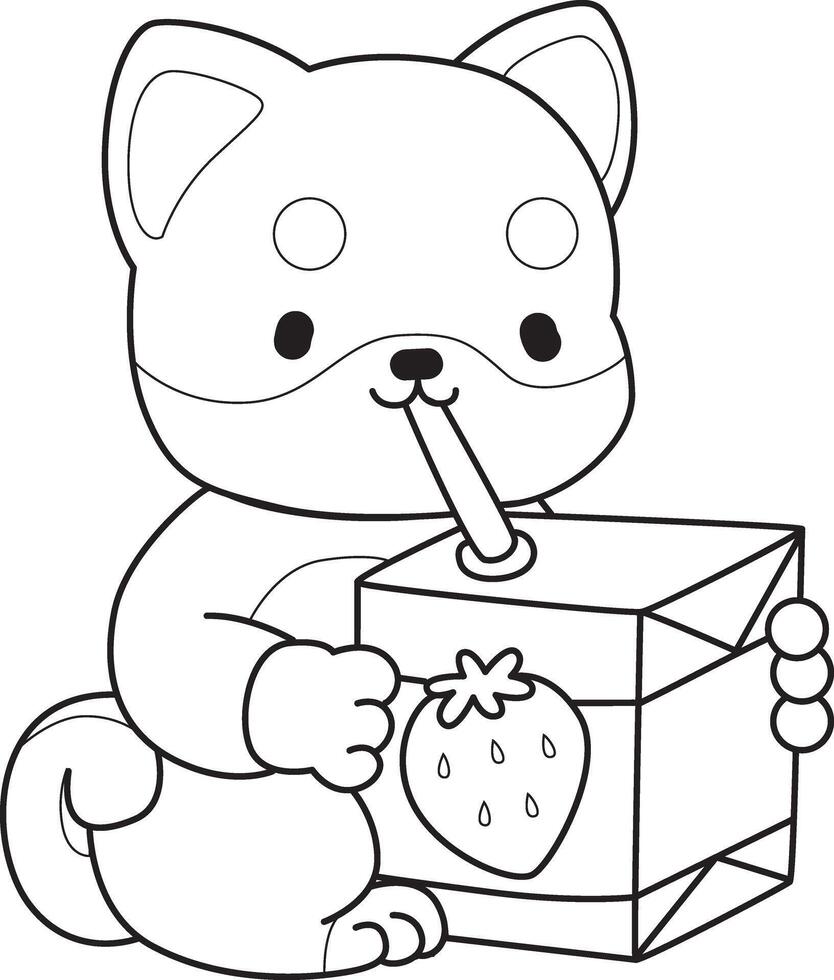 Outlineof shiba inu drinking a strawberry milk. Coloring pages of cute shiba inu. vector