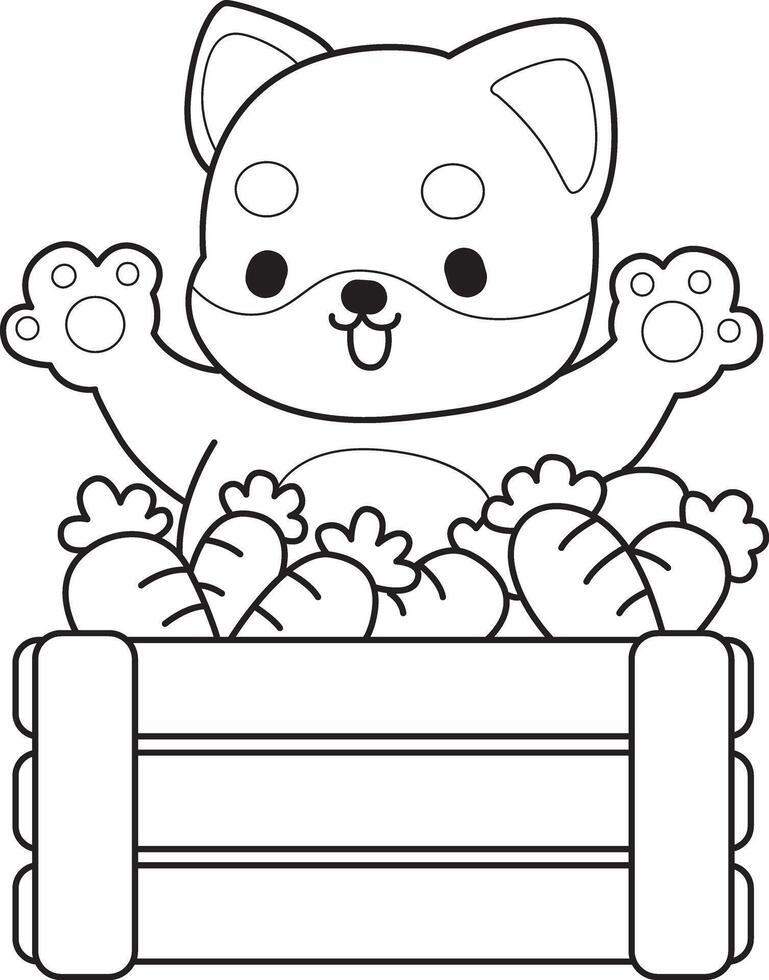 Outline of shiba inu bring a lot of carrots. Coloring pages of cute shiba inu. vector