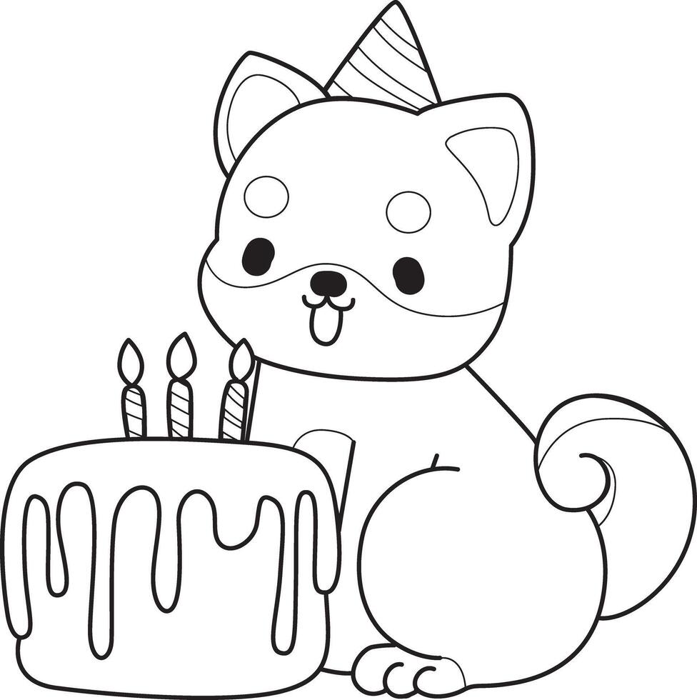 Outline of shiba inu bring a birthday cake. Coloring pages of cute shiba inu. vector