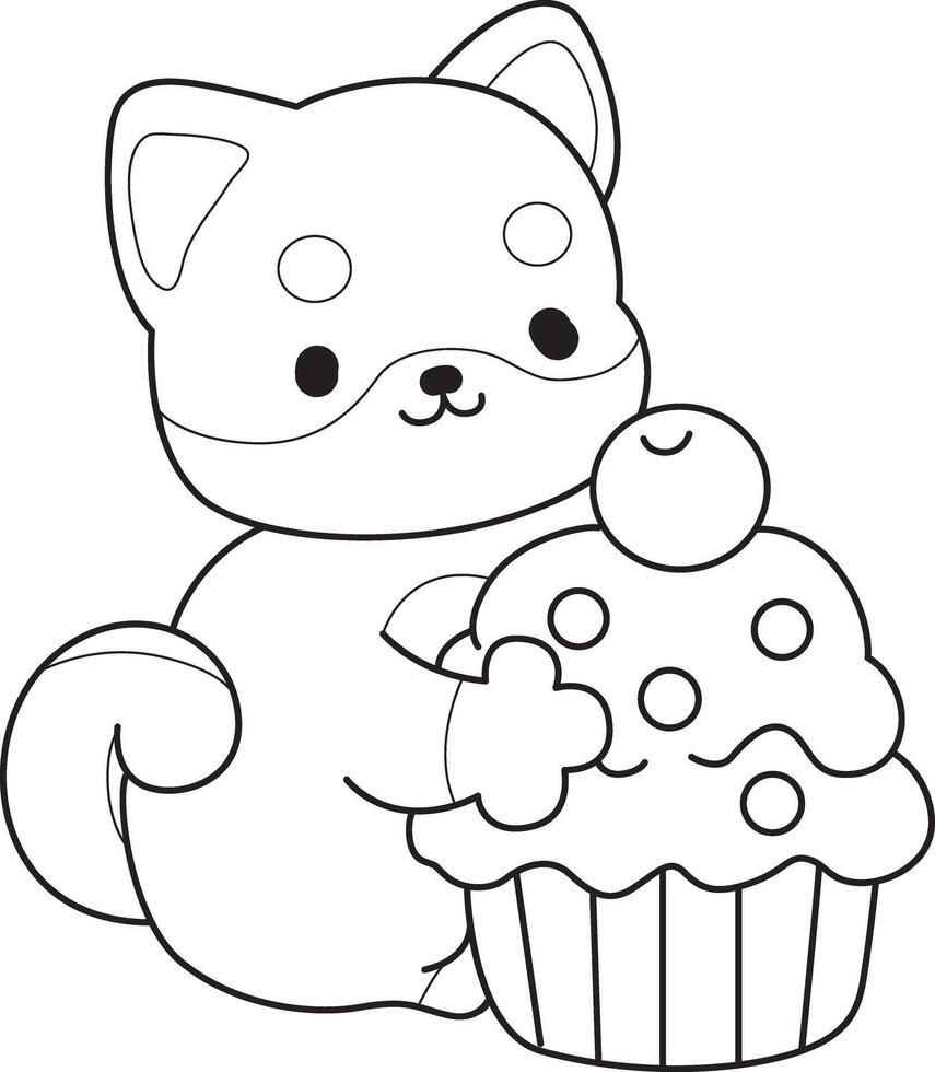Outline of shiba inu bring a cupcake. Coloring pages of cute shiba inu. vector