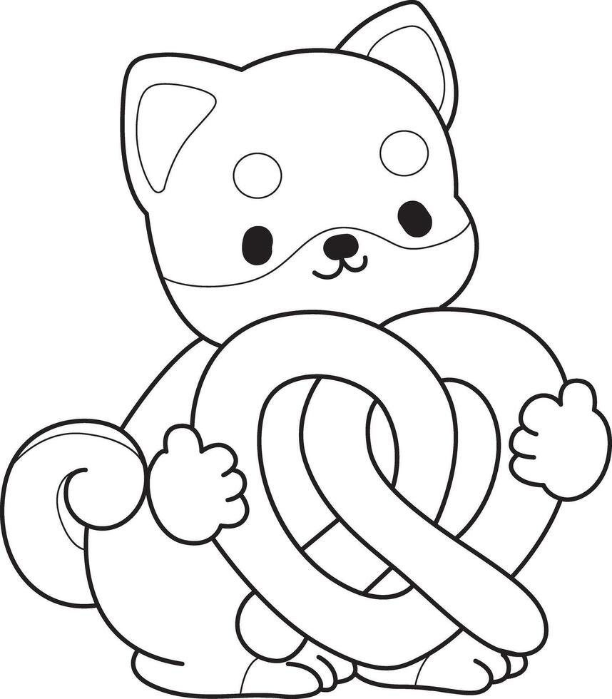 Outline of shiba inu bring a waffle. Coloring pages of cute shiba inu. vector