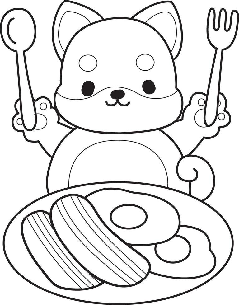 Outline of shiba inu want to eating bacon and eggs. Coloring pages of cute shiba inu. vector