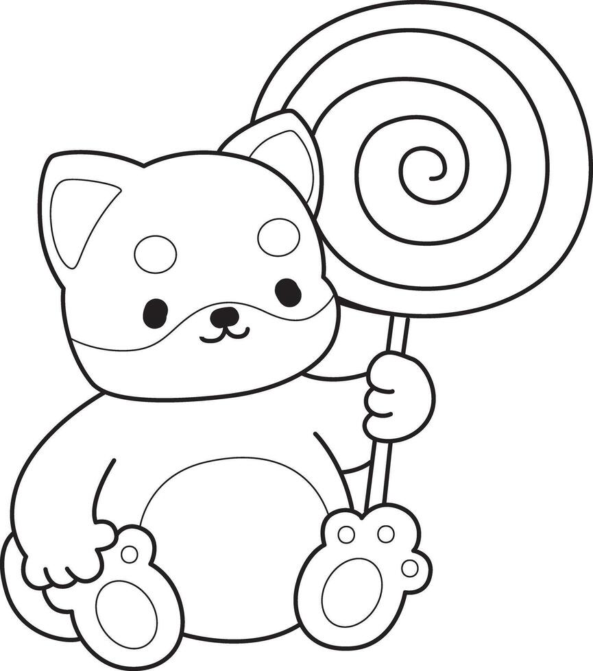 Outline of shiba inu bring a lollipop. Coloring pages of cute shiba inu. vector