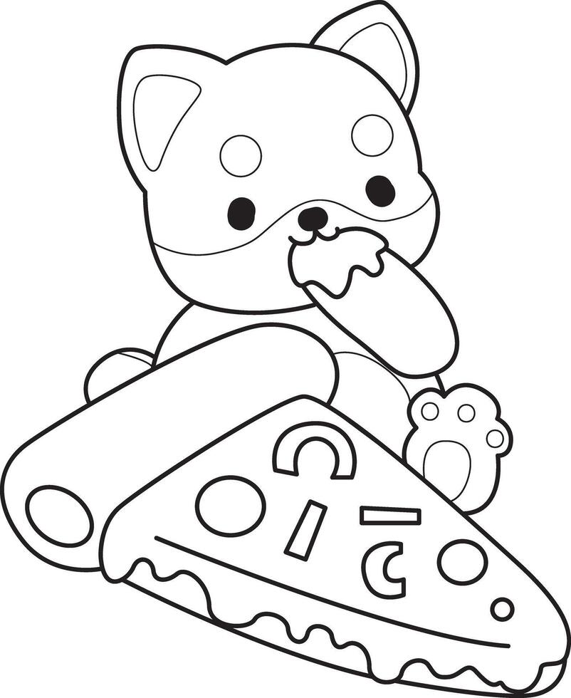 Outline of shiba inu eating a pizza. Coloring pages of cute shiba inu. vector