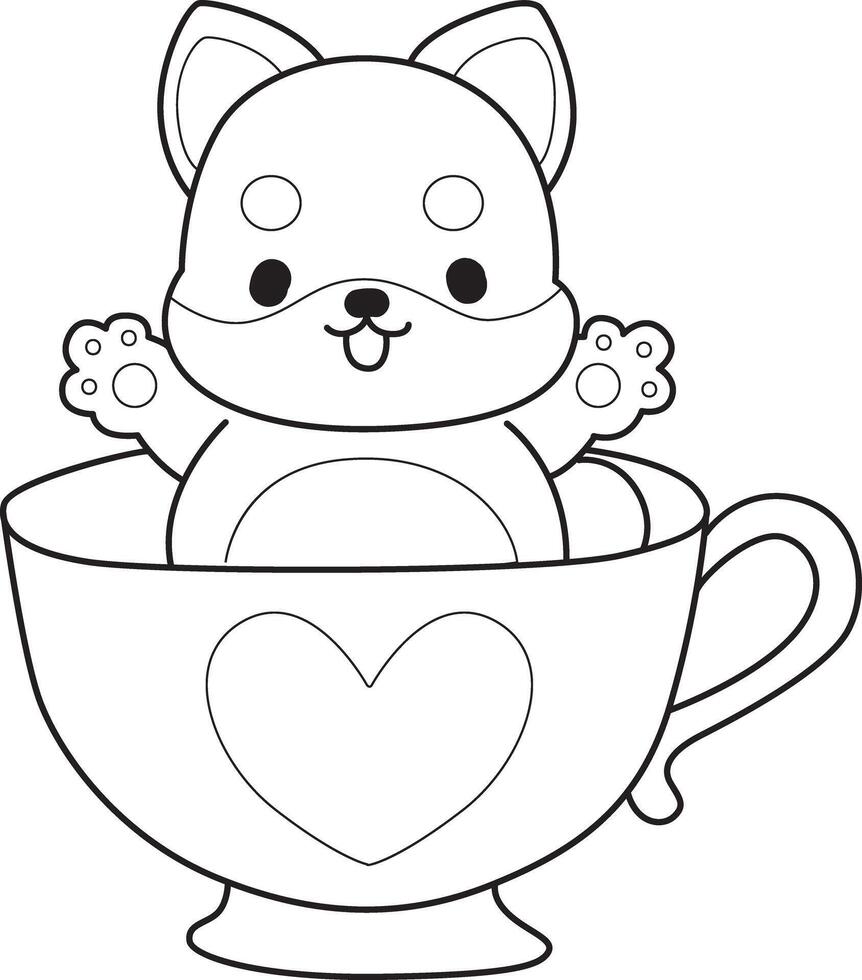 Outline of shiba inu stuck in the cup of tea. Coloring pages of cute shiba inu. vector