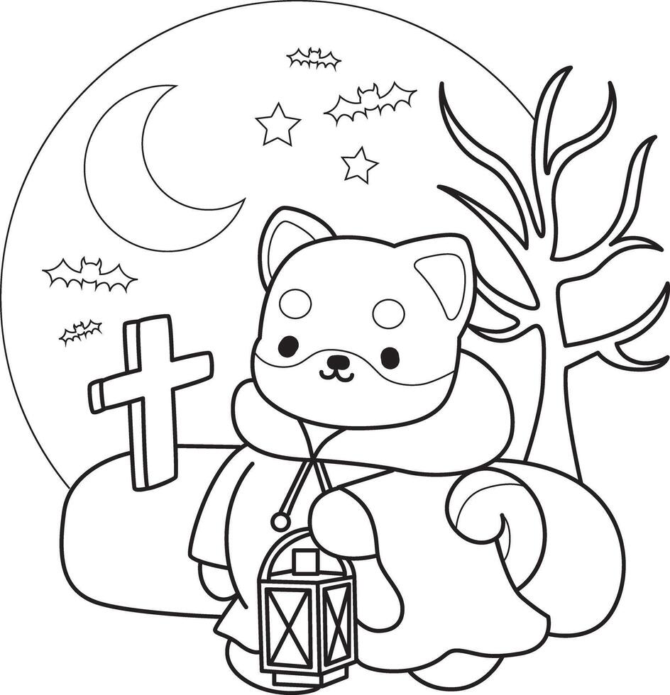 Outline of shiba inu wearing a hoodie and walking in the grave. Coloring pages of cute shiba inu. vector