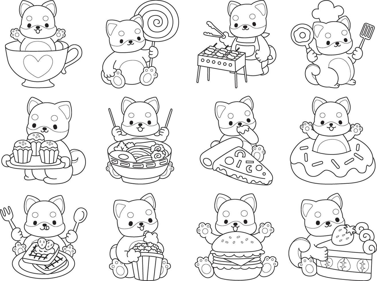 Outline of shiba inu in the variation of fast food and snack. Coloring pages of cute shiba inu. vector