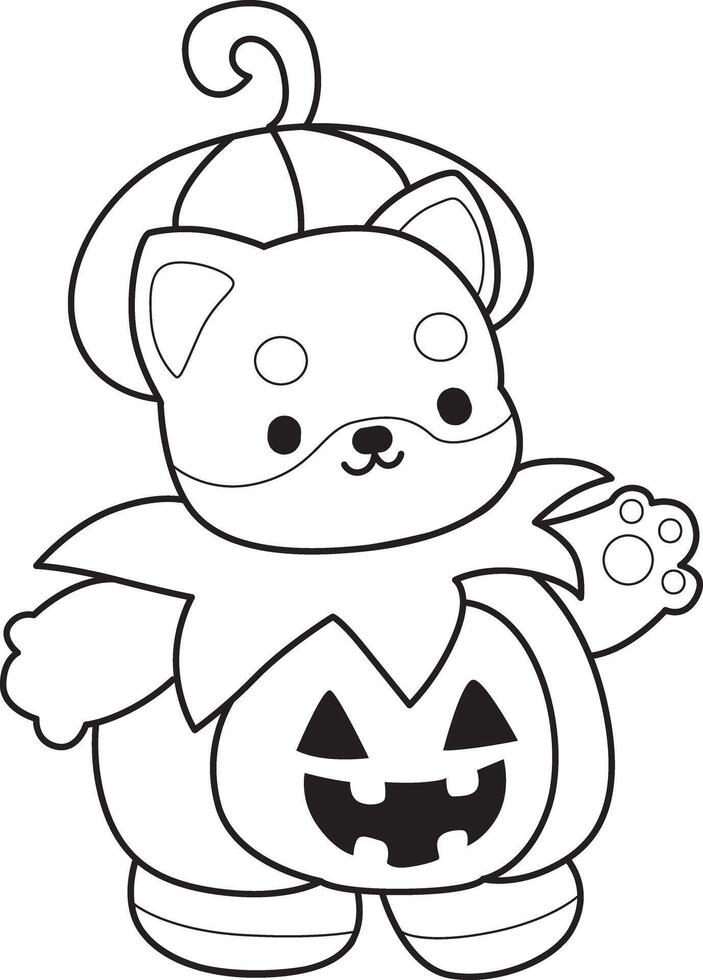Outline of shiba inu wearing a pumpkin costume in halloween. Coloring pages of cute shiba inu. vector