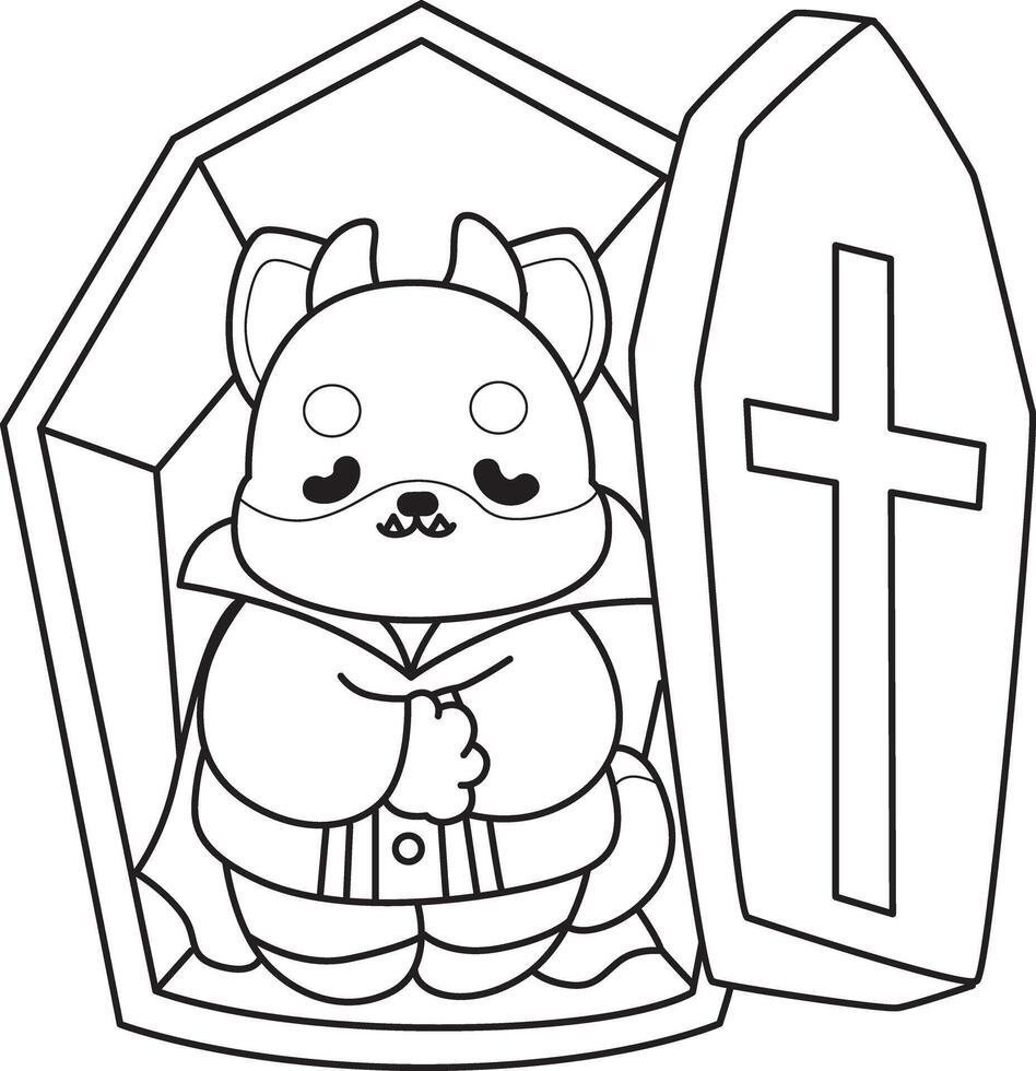 Outline of vampire shiba inu sleeping in the coffin. Coloring pages of cute shiba inu. vector