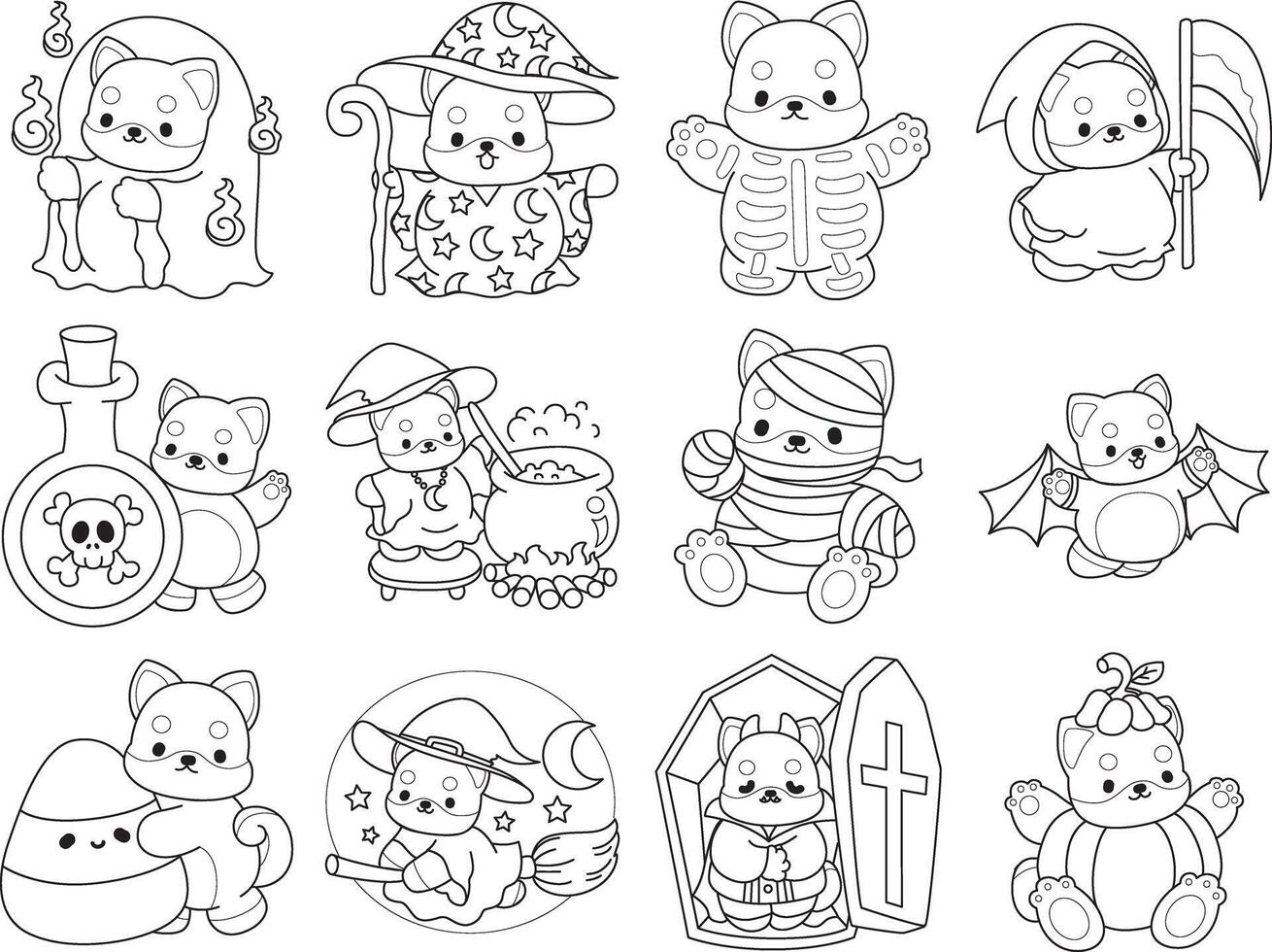 Outline of happy halloween by shiba inu. Coloring pages of cute shiba inu. vector
